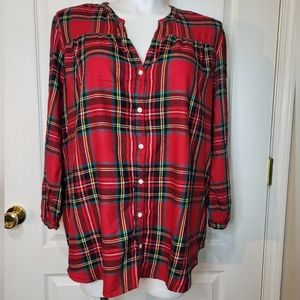 Old Navy Red Plaid V Neck Long Sleeve Top Tunic